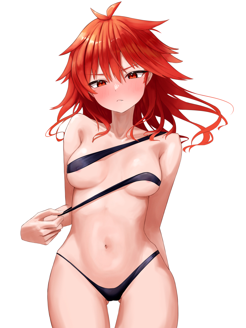 absurdres bikini black_bikini breasts cowboy_shot duel_monster highres hiita_(yu-gi-oh!) long_hair medium_breasts navel red_eyes red_hair revealing_clothes simple_background swimsuit triangle_del white_background yu-gi-oh!