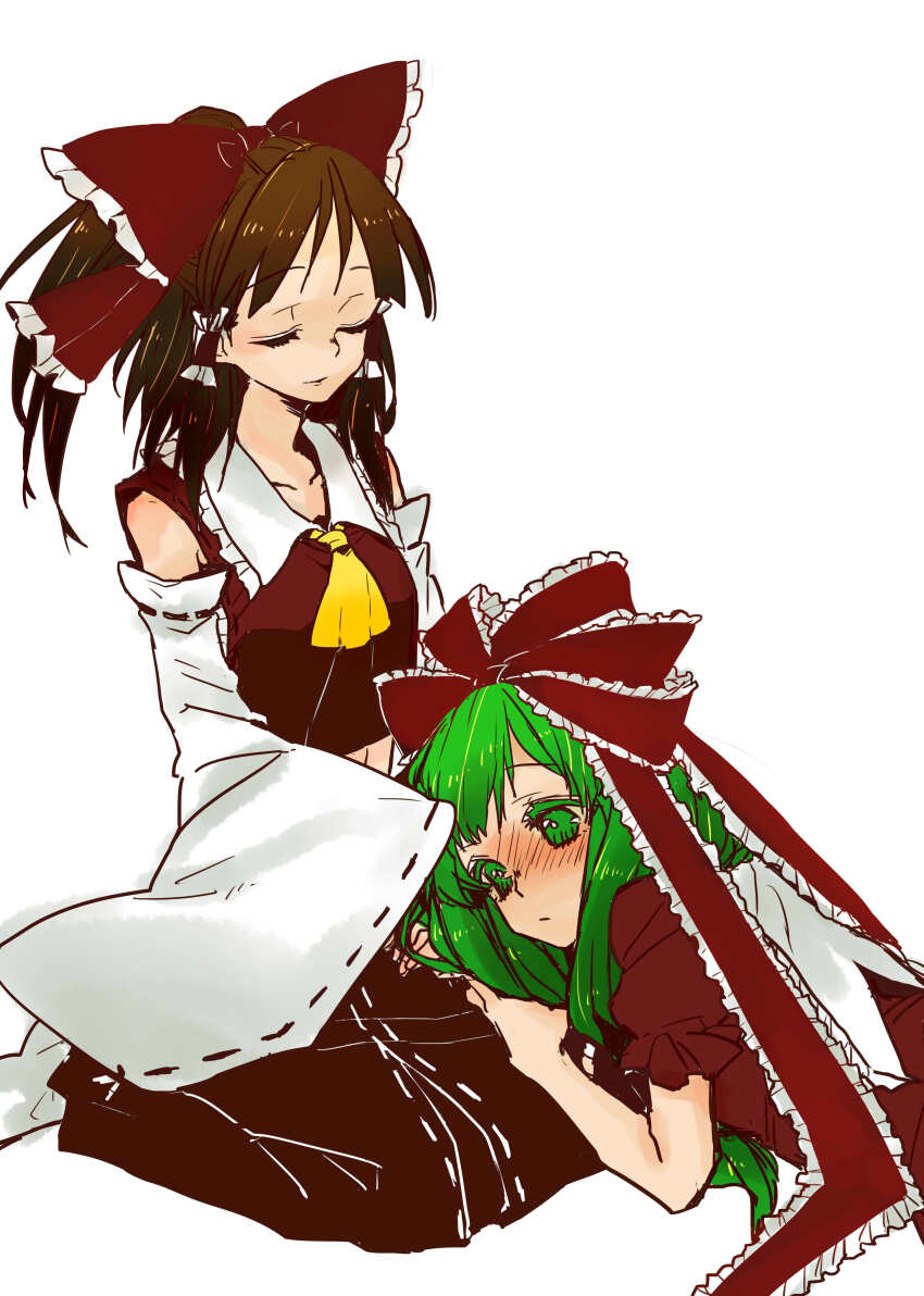 2girls absurdres ascot detached_sleeves frilled_ribbon frills front_ponytail green_eyes green_hair hakurei_reimu highres kagiyama_hina multiple_girls nontraditional_miko puffy_short_sleeves puffy_sleeves ribbon short_sleeves sinny-garden smile touhou white_background yellow_ascot