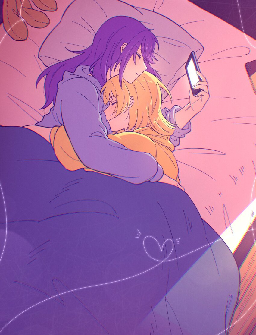 2girls blonde_hair cellphone closed_eyes closed_mouth commentary cuddling daiba_nana english_commentary from_above hair_down heart highres holding holding_phone hood hoodie hoshimi_junna long_hair long_sleeves medium_hair multiple_girls on_bed phone pillow purple_hair purple_hoodie sapphi_(sky_dreamsky) shoujo_kageki_revue_starlight sleeping smartphone yellow_hoodie yuri