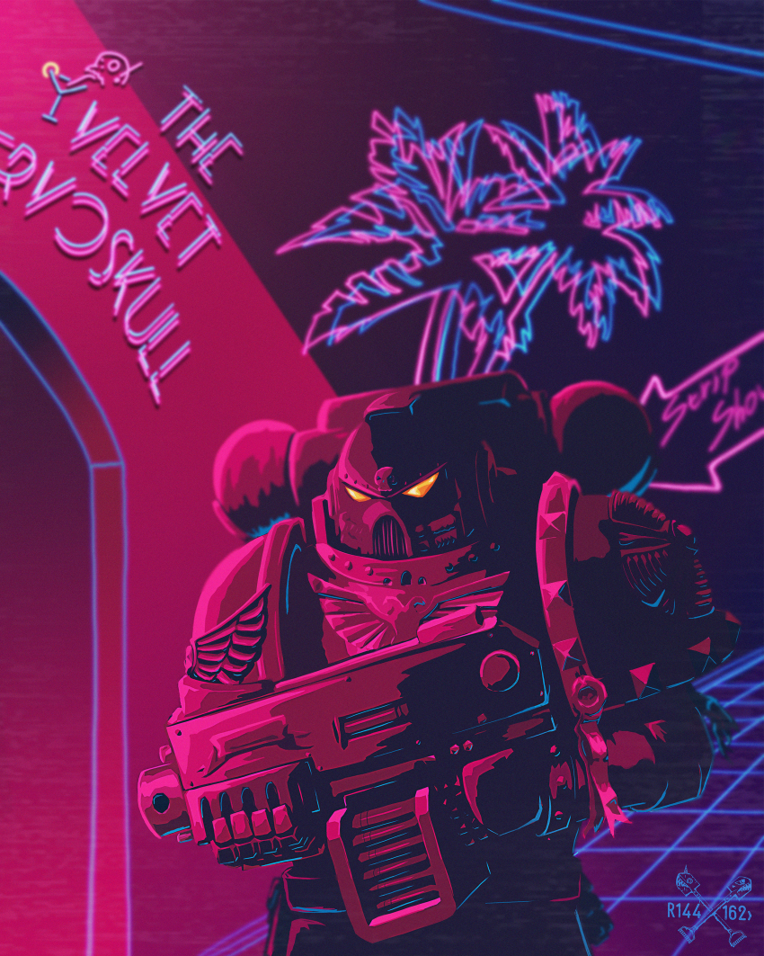 1boy absurdres adeptus_astartes armor bolter full_armor gun helmet highres holding holding_gun holding_weapon neon_lights pauldrons power_armor razpaz shoulder_armor solo vaporwave warhammer_40k weapon