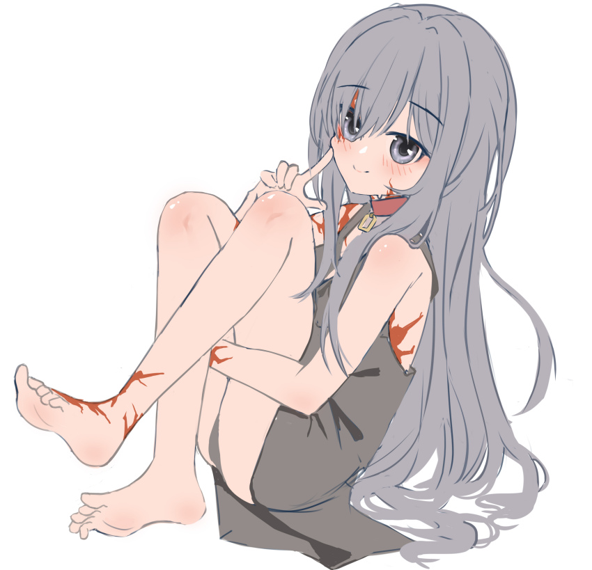 1girl absurdres barefoot breasts camisole choker closed_mouth dorei_to_no_seikatsu_~teaching_feeling~ finger_to_cheek full_body grey_camisole grey_eyes grey_hair hair_between_eyes highres hugging_own_legs index_finger_raised knees_up light_smile long_hair looking_at_viewer red_choker scar scar_on_arm scar_on_chest scar_on_face scar_on_foot scar_on_leg simple_background sitting small_breasts solo straight_hair sylvie_(dorei_to_no_seikatsu) very_long_hair white_background wulalagu