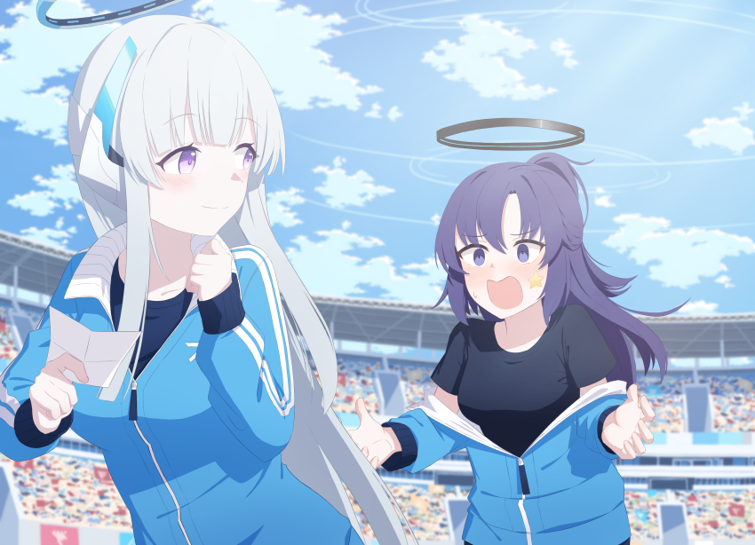 2girls absurdres aimpoleume black_eyes black_hair blue_archive blue_eyes blue_sky blunt_bangs blush chasing cloud cloudy_sky commentary_request fleeing gym_shirt gym_uniform hair_between_eyes halo headgear highres holding holding_paper jacket long_hair long_sleeves looking_at_another multiple_girls noa_(blue_archive) official_alternate_costume paper scavenger_hunt shirt sidelocks sky smile stadium track_jacket two_side_up white_hair yuuka_(blue_archive) yuuka_(track)_(blue_archive)