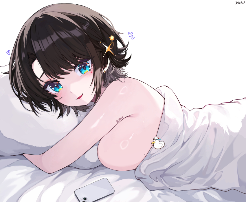 1girl aqua_eyes bed_sheet black_hair breasts cellphone commentary covering_privates earrings from_side hair_ornament hairclip heart highres hololive hugging_object jewelry kkato large_breasts looking_at_viewer lying naked_sheet nude_cover on_bed on_stomach oozora_subaru open_mouth phone pillow pillow_hug short_hair sideboob signature simple_background smartphone solo star_(symbol) star_hair_ornament subaru_duck swept_bangs symbol-only_commentary under_covers virtual_youtuber white_background