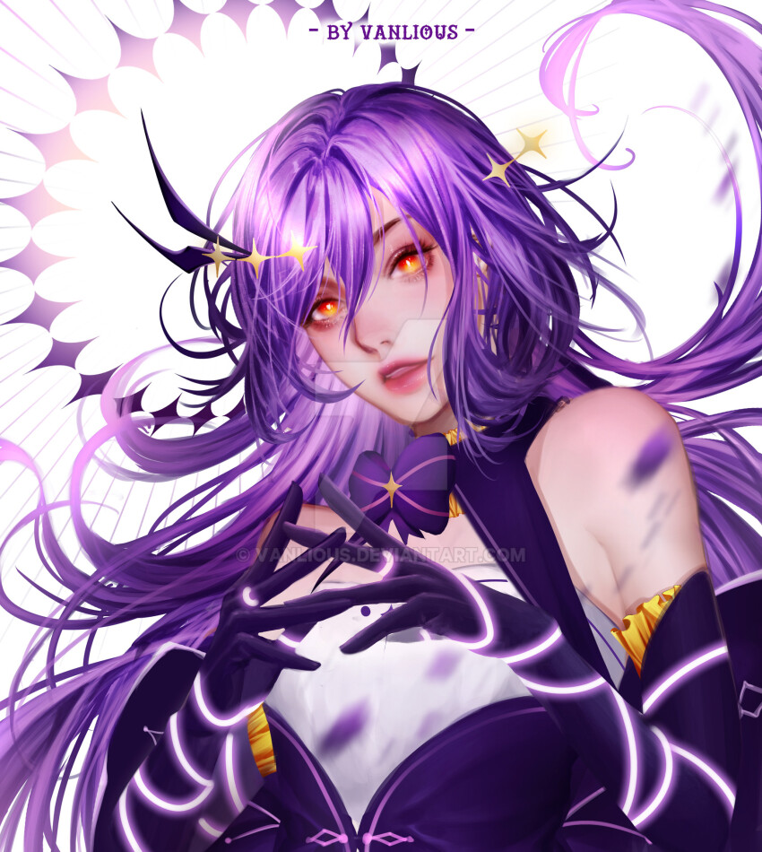 1girl artist_name bare_shoulders bright_pupils clip_studio_paint_(medium) commentary deviantart_logo deviantart_username dress elbow_gloves gloves hair_between_eyes highres honkai_(series) honkai_impact_3rd long_hair looking_at_viewer painterly parted_lips purple_dress purple_gloves purple_hair sirin solo upper_body vanlious white_background white_pupils yellow_eyes