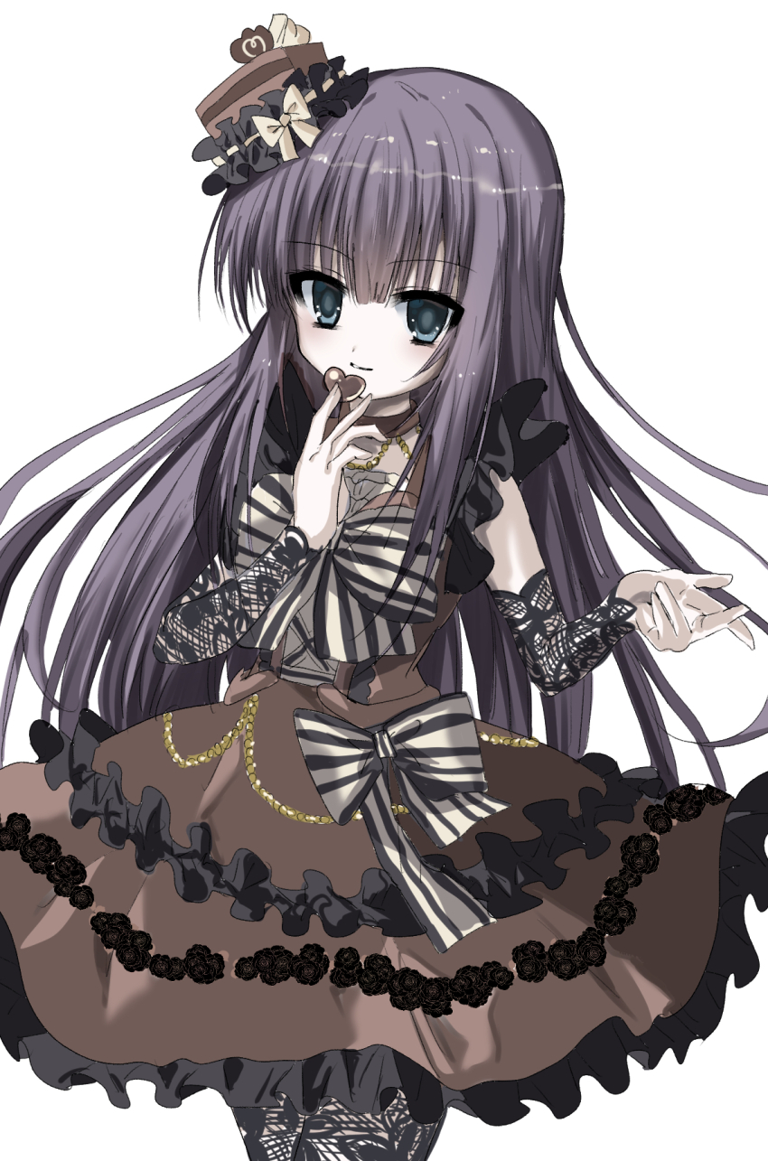 1girl 2000s_(style) aikawa_shokora blue_eyes blunt_bangs bow brown_dress candy chocolate chocolate_heart commentary_request cowboy_shot dress food frilled_dress frills hat heart heart-shaped_food highres holding holding_chocolate holding_food kasukasugom1 lolita_fashion long_hair looking_at_viewer mini_hat purple_hair shokora_no_mahou simple_background smile solo standing striped_bow very_long_hair white_background