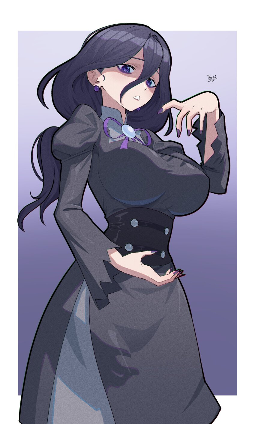 absurdres bags_under_eyes black_dress black_hair breasts creatures_(company) dress earrings game_freak hex_maniac_(pokemon) hex_maniac_(pokemon_legends:_z-a) highres jewelry kanashikeki large_breasts long_hair nail_polish neck_ribbon nintendo pokemon pokemon_legends:_z-a purple_eyes ribbon