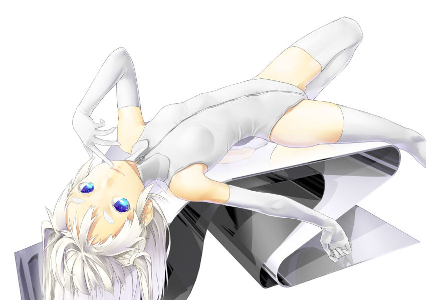 1girl bare_shoulders blue_eyes elbow_gloves female_focus finger_to_mouth foil full-length_zipper gloves highres hiko_(hiko224556) leotard light_smile lips long_hair looking_at_viewer lying on_back original short_eyebrows smile solo thighhighs two_side_up white_gloves white_hair white_leotard white_thighhighs zipper