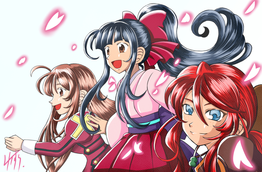 3girls :d akatsuki_yusura black_hair black_stripes blue_eyes blunt_bangs bow brown_eyes brown_hair dress erica_fontaine freckles from_side gemini_sunrise gold_buttons hair_bow hakama highres japanese_clothes juliet_sleeves kimono long_hair long_sleeves multiple_girls open_mouth pink_kimono ponytail puffy_sleeves purple_sash red_bow red_dress red_hair red_hakama sakura_taisen sash shinguuji_sakura sidelocks smile