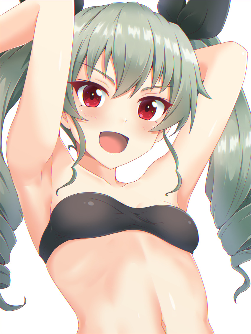 1girl :d absurdres anchovy_(girls_und_panzer) armpits arms_behind_head black_ribbon breasts drill_hair girls_und_panzer green_hair hair_ribbon highres koumei_(twinameless) long_hair looking_at_viewer navel open_mouth red_eyes ribbon simple_background small_breasts smile solo twin_drills upper_body white_background