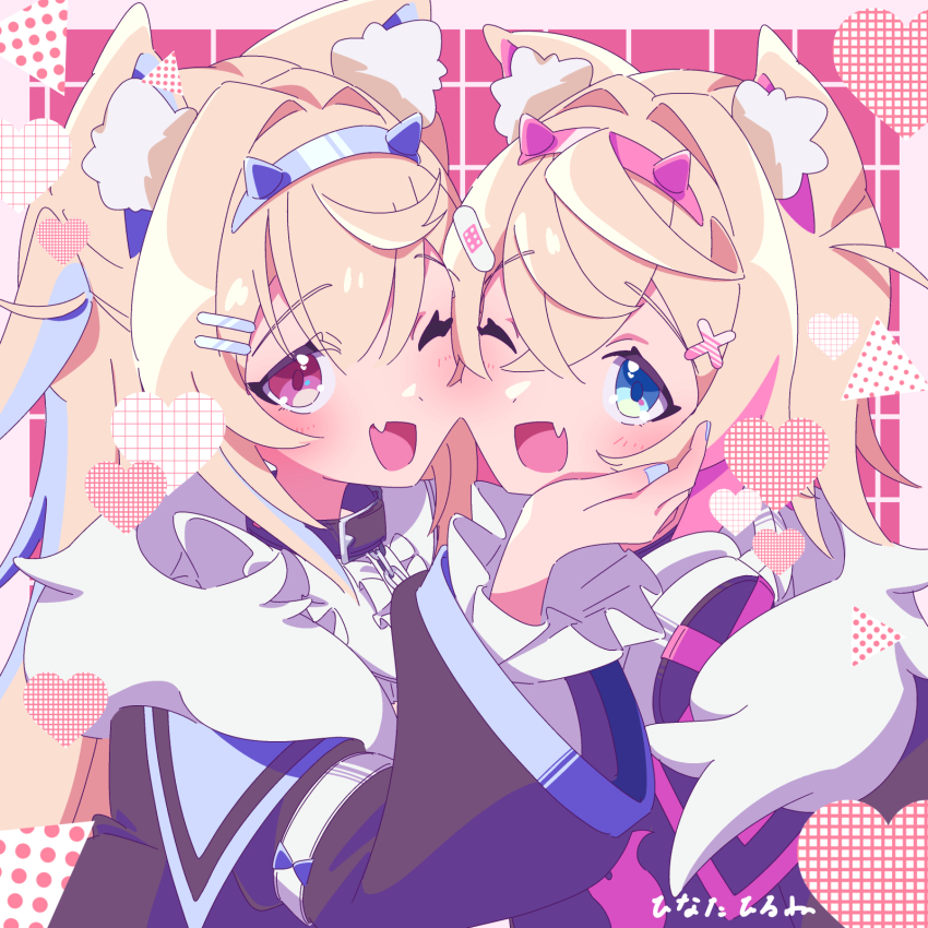 2girls animal_ear_fluff animal_ears black_coat black_jacket blonde_hair blue_eyes blue_hair coat commentary_request dog_ears dog_girl dress fake_horns fang fur-trimmed_jacket fur_trim fuwawa_abyssgard fuwawa_abyssgard_(1st_costume) hair_ornament hairband hand_on_another&#039;s_face headphones headphones_around_neck heart highres hinata_hirune hololive hololive_english horns jacket long_hair looking_at_viewer mococo_abyssgard mococo_abyssgard_(1st_costume) multicolored_hair multiple_girls one_eye_closed open_mouth pink_eyes pink_hair pink_hairband short_hair siblings sisters skin_fang streaked_hair twins two-tone_hair upper_body virtual_youtuber white_dress x_hair_ornament