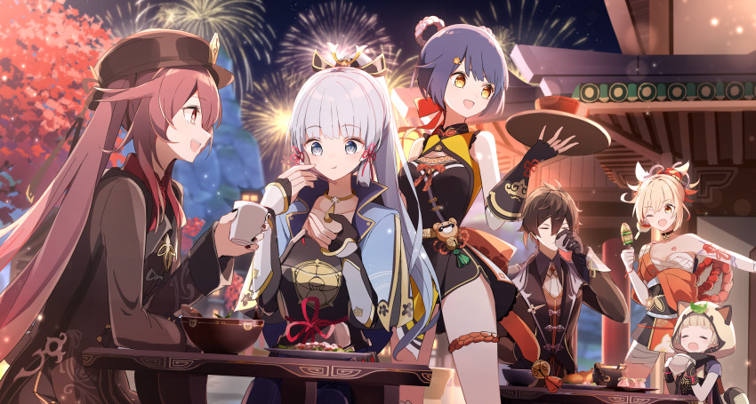 1boy 5girls a.a_(aa772) animal_ears arm_tattoo ayaka_(genshin_impact) blonde_hair blue_eyes blue_hair blunt_bangs blush bowl brown_choker brown_eyes brown_hair choker chopsticks closed_eyes earrings eating fingerless_gloves fireworks flower_tattoo genshin_impact gloves gradient_hair hair_between_eyes hat highres hu_tao_(genshin_impact) japanese_clothes jewelry kimono long_hair long_sleeves multicolored_hair multiple_girls necklace night night_sky open_mouth orange_kimono ponytail raccoon_ears raccoon_tail sarashi sayu_(genshin_impact) senkou_hanabi short_kimono short_sleeves sky sparkler tail tassel tassel_earrings tattoo tree white_hair xiangling_(genshin_impact) yellow_eyes yoimiya_(genshin_impact) zhongli_(genshin_impact)