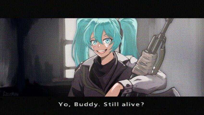 1girl ace_combat ace_combat_zero black_border black_sweater border buttons cosplay english_text green_eyes green_hair gun hatsune_miku highres holding holding_gun holding_weapon jacket kalashnikov_rifle larry_foulke larry_foulke_(cosplay) long_hair long_sleeves looking_at_viewer open_mouth parody peyton_gee solo sweater teeth twintails vocaloid weapon worldwide_miku