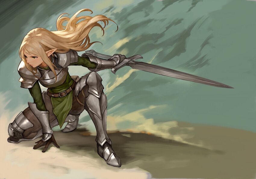 1girl abstract_background armor belt blonde_hair breastplate brown_belt brown_pants closed_mouth commentary commission dojen elf english_commentary floating_hair full_body gloves greaves green_eyes green_shirt hand_on_ground holding holding_sword holding_weapon long_hair looking_to_the_side on_one_knee original pants pauldrons pointy_ears poleyn sabaton shadow shirt shoulder_armor sidelocks solo sword vambraces weapon