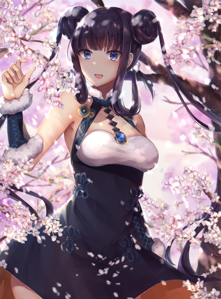 1girl absurdres bare_shoulders black_dress blue_eyes blunt_bangs blush breasts cherry_blossoms detached_sleeves double_bun dress fate/grand_order fate_(series) hair_bun highres hitomin_(ksws7544) jewelry large_breasts long_hair looking_at_viewer open_mouth pendant petals purple_hair sidelocks smile solo tree twintails very_long_hair yang_guifei_(fate) yang_guifei_(first_ascension)_(fate)