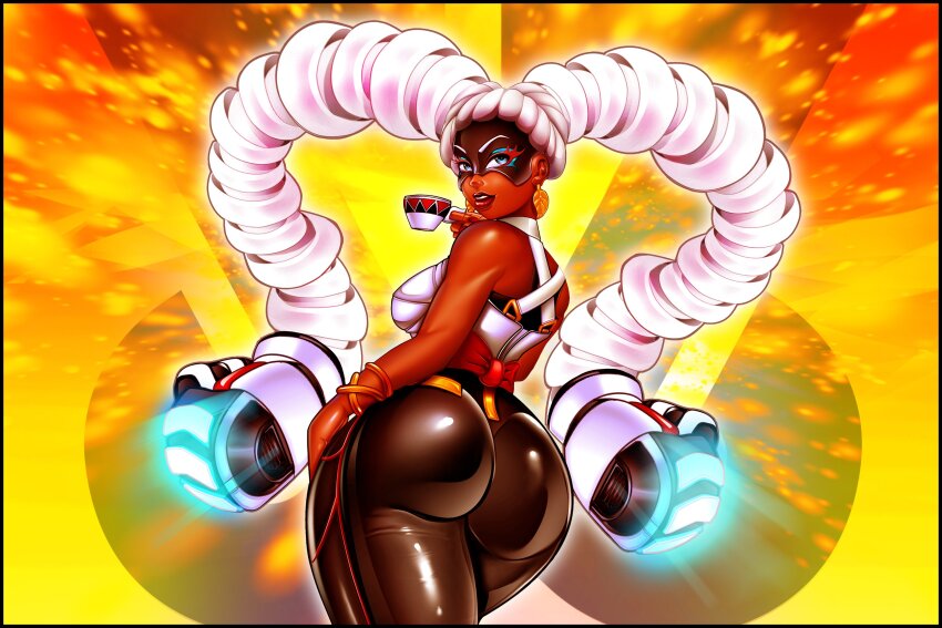 1girl absurdres arms_(game) ass black_pants chilla_(arms) cropped_legs cup curvy d2kprime dark-skinned_female dark_skin domino_mask drill_hair highres huge_ass long_hair mask pants prehensile_hair ribbon_hair shiny_clothes smile standing teacup tight_clothes tight_pants twin_drills twintelle_(arms) very_long_hair wide_hips yoga_pants