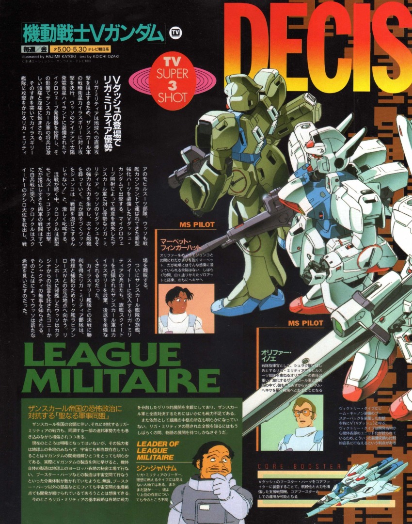 1990s_(style) absurdres beam_rifle commentary core_fighter cropped energy_gun english_commentary gundam highres katoki_hajime magazine_scan mecha mixed-language_text mobile_suit newtype official_art promotional_art retro_artstyle robot scan traditional_media translation_request v-fin v_gundam victory_gundam weapon