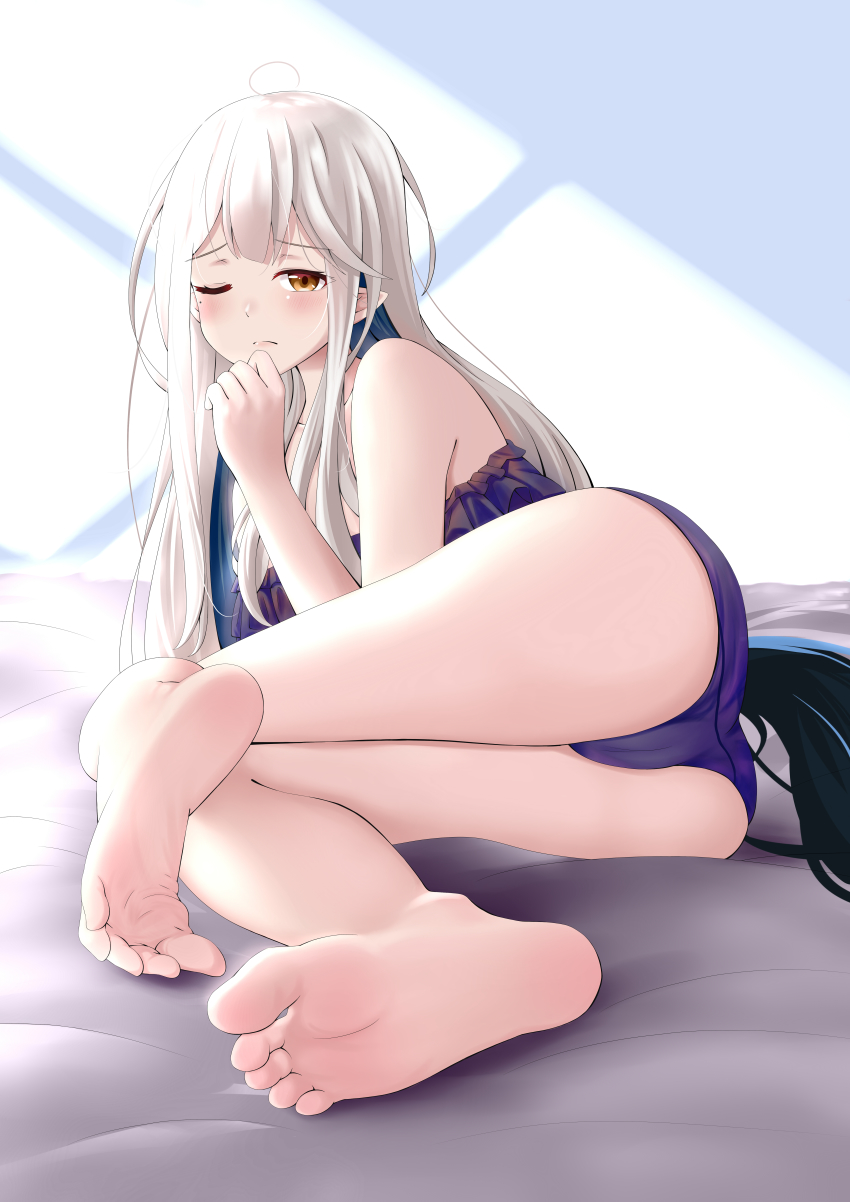 1girl absurdres ass barefoot blush brown_eyes ciyana feet highres indie_virtual_youtuber long_hair looking_at_viewer lying on_side one_eye_closed panties pointy_ears silver_hair soles toes underwear virtual_youtuber