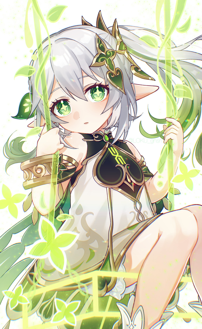 1girl absurdres bare_shoulders bloomers bracelet commentary detached_sleeves dress feet_out_of_frame genshin_impact go_(roku) gold_trim gradient_hair green_eyes green_hair hair_between_eyes hair_ornament highres jewelry leaf_hair_ornament long_hair looking_at_viewer multicolored_hair nahida_(genshin_impact) parted_lips pointy_ears side_ponytail sitting sleeveless sleeveless_dress solo star-shaped_pupils star_(symbol) swing symbol-shaped_pupils underwear white_bloomers white_dress white_hair