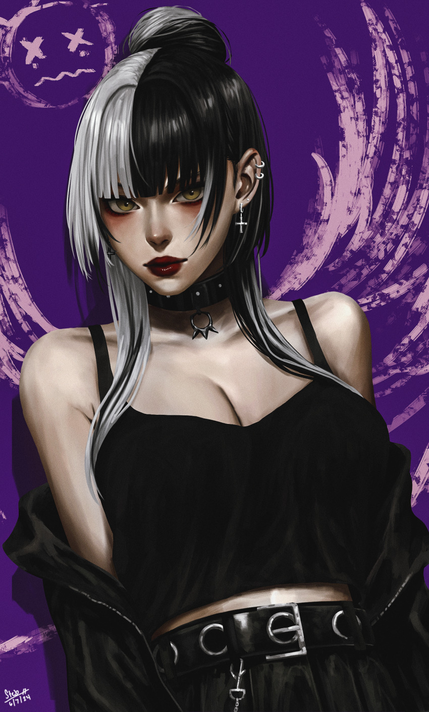 1girl black_choker black_hair breasts choker cleavage earrings goth_fashion grey_hair hair_ornament highres holoadvent hololive hololive_english jewelry large_breasts long_hair looking_at_viewer multicolored_hair purple_background shiori_novella smile solo spiked_choker spikes split-color_hair steb two-tone_hair virtual_youtuber yellow_eyes yorick_(shiori_novella)