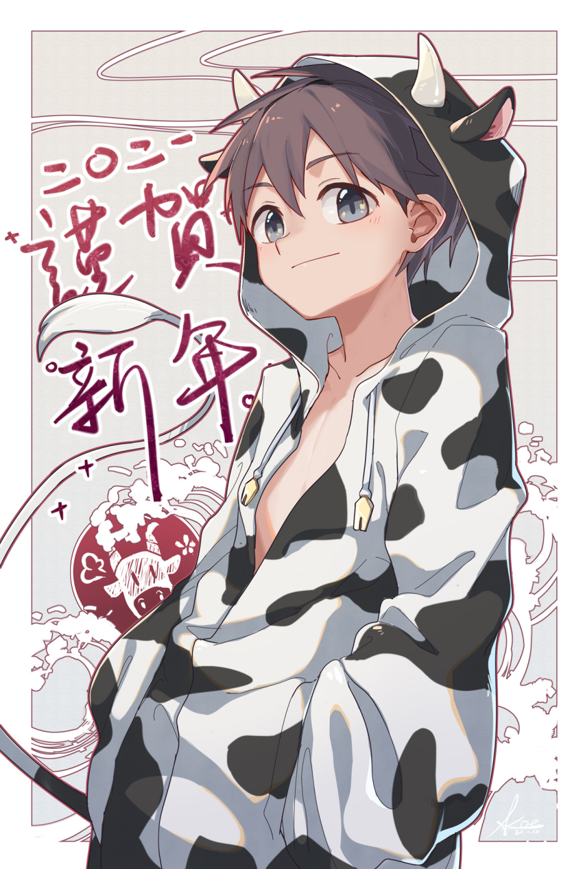 1boy 2021 animal_print brown_hair child chinese_zodiac cow_horns cow_print cow_tail fake_horns grey_eyes hands_in_pockets highres horns koe_(mixpi) looking_at_viewer male_focus new_year onesie original short_hair smile solo tail very_short_hair year_of_the_ox