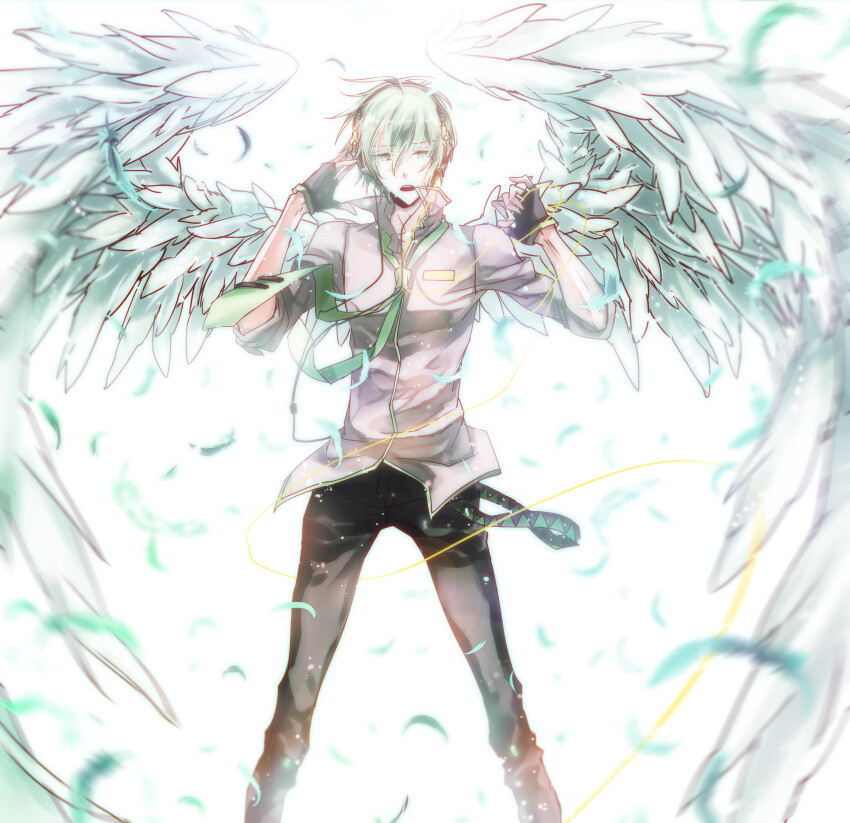 1boy absurdres aqua_eyes black_gloves black_pants commentary english_commentary falling_feathers feathered_wings feathers feet_out_of_frame fingerless_gloves genderswap genderswap_(ftm) gloves green_hair hatsune_mikuo headphones hibiki_99927 highres large_wings looking_at_viewer open_mouth pants short_hair short_sleeves solo teeth upper_teeth_only vocaloid white_wings wings