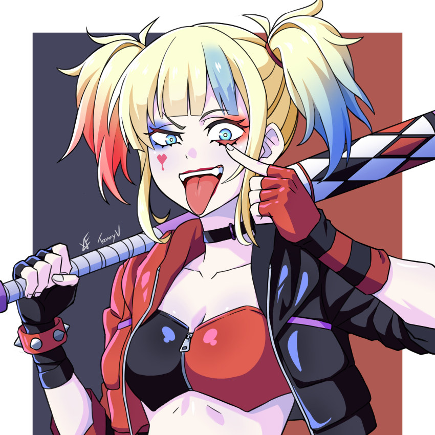 1girl black_jacket black_shirt blonde_hair blue_eyes blue_hair choker dc_comics facial_tattoo fingerless_gloves gloves harley_quinn harley_quinn_(suicide_squad_isekai) heart heart_tattoo highres hood hooded_jacket jacket red_gloves red_hair red_jacket red_shirt shirt suicide_squad_isekai tattoo twintails