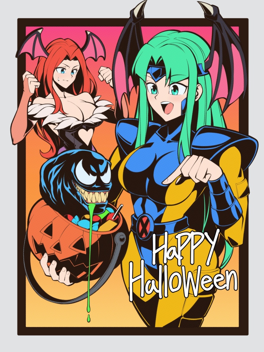 2girls candy cosplay costume_switch darkstalkers english_text food green_eyes green_hair halloween head_wings highres jean_grey jean_grey_(cosplay) long_hair marvel morrigan_aensland morrigan_aensland_(cosplay) multiple_girls pantyhose pechamaju pumpkin red_hair superhero_costume venom_(marvel) wings x-men