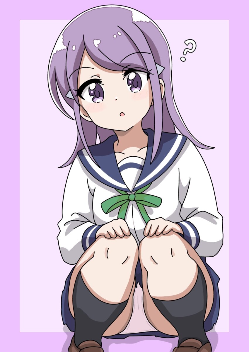 1girl ? black_socks blue_sailor_collar chikadaioshi collarbone dot_nose female_focus hair_ornament hairclip koisuru_asteroid long_hair long_sleeves looking_at_viewer open_mouth panties purple_eyes purple_hair sailor_collar school_uniform serafuku shoes simple_background socks squatting suzuya_moe underwear white_panties