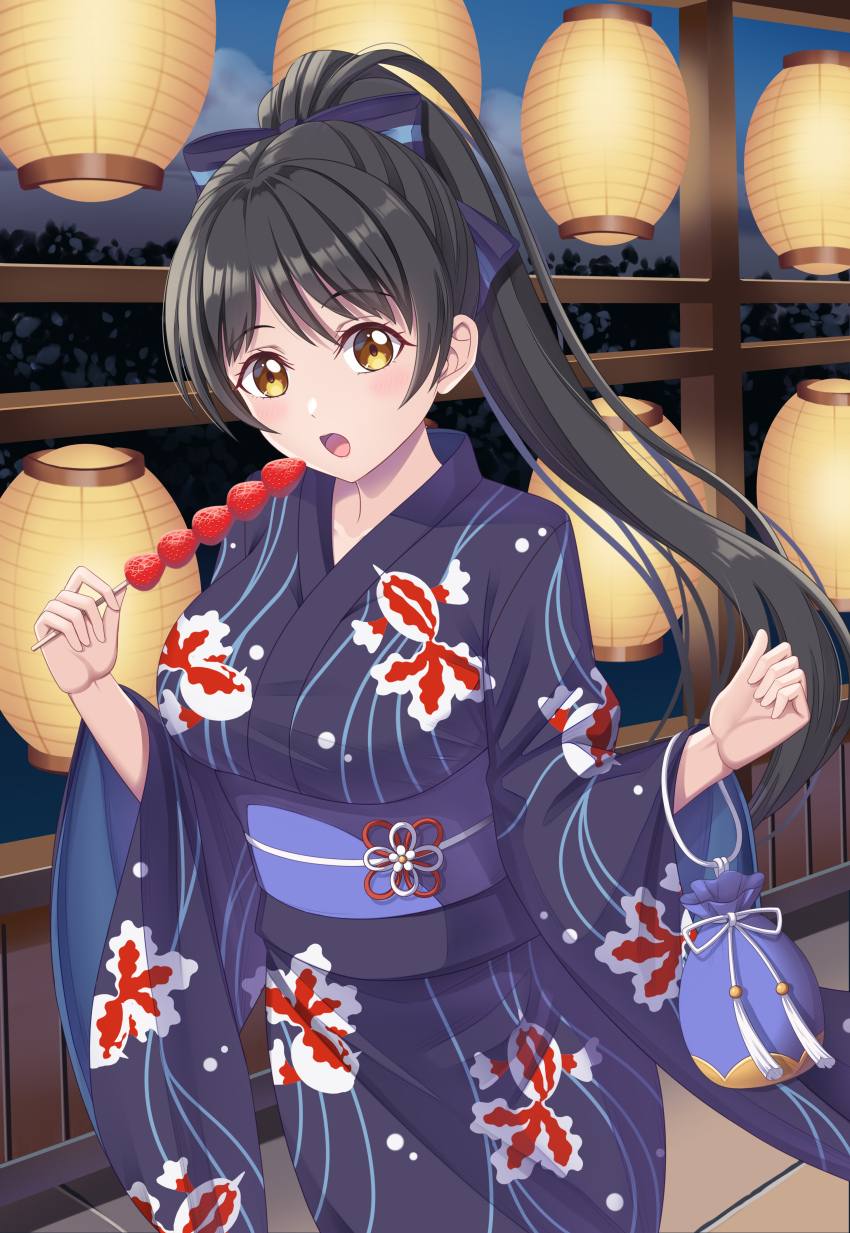 1girl black_hair hazuki_ren japanese_clothes kimono long_hair love_live! love_live!_superstar!! open_mouth ponytail solo tsukimi_seiya yellow_eyes