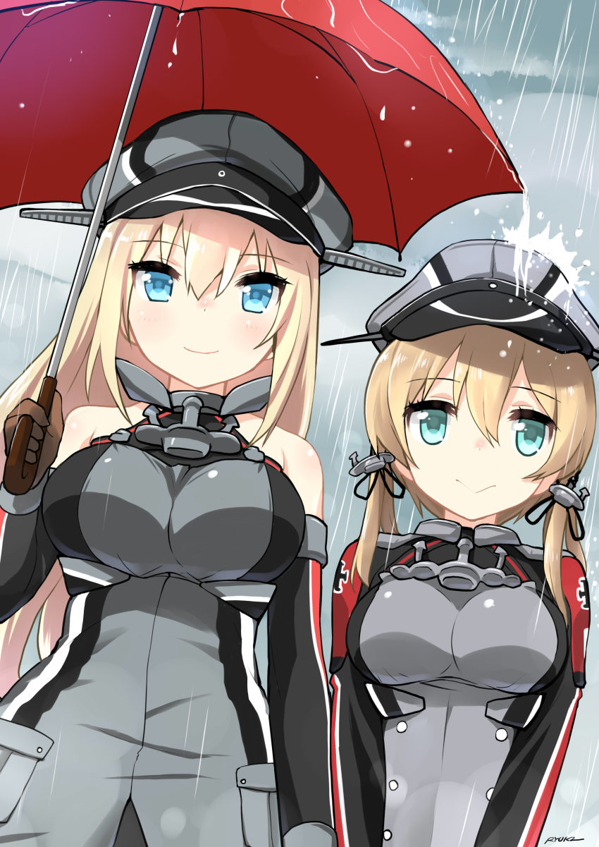 10s 2girls :&gt; absurdres anchor_choker anchor_hair_ornament aqua_eyes bare_shoulders bismarck_(kancolle) blonde_hair blue_eyes breasts brown_gloves commentary_request cross detached_sleeves female_focus gloves hair_ornament hat highres holding iron_cross kantai_collection light_brown_hair long_hair looking_at_viewer military military_uniform multiple_girls outdoors peaked_cap prinz_eugen_(kancolle) rain ryuki_(ryukisukune) shared_umbrella signature sky smile twintails umbrella wet wet_clothes wrist_cuffs you&#039;re_doing_it_wrong