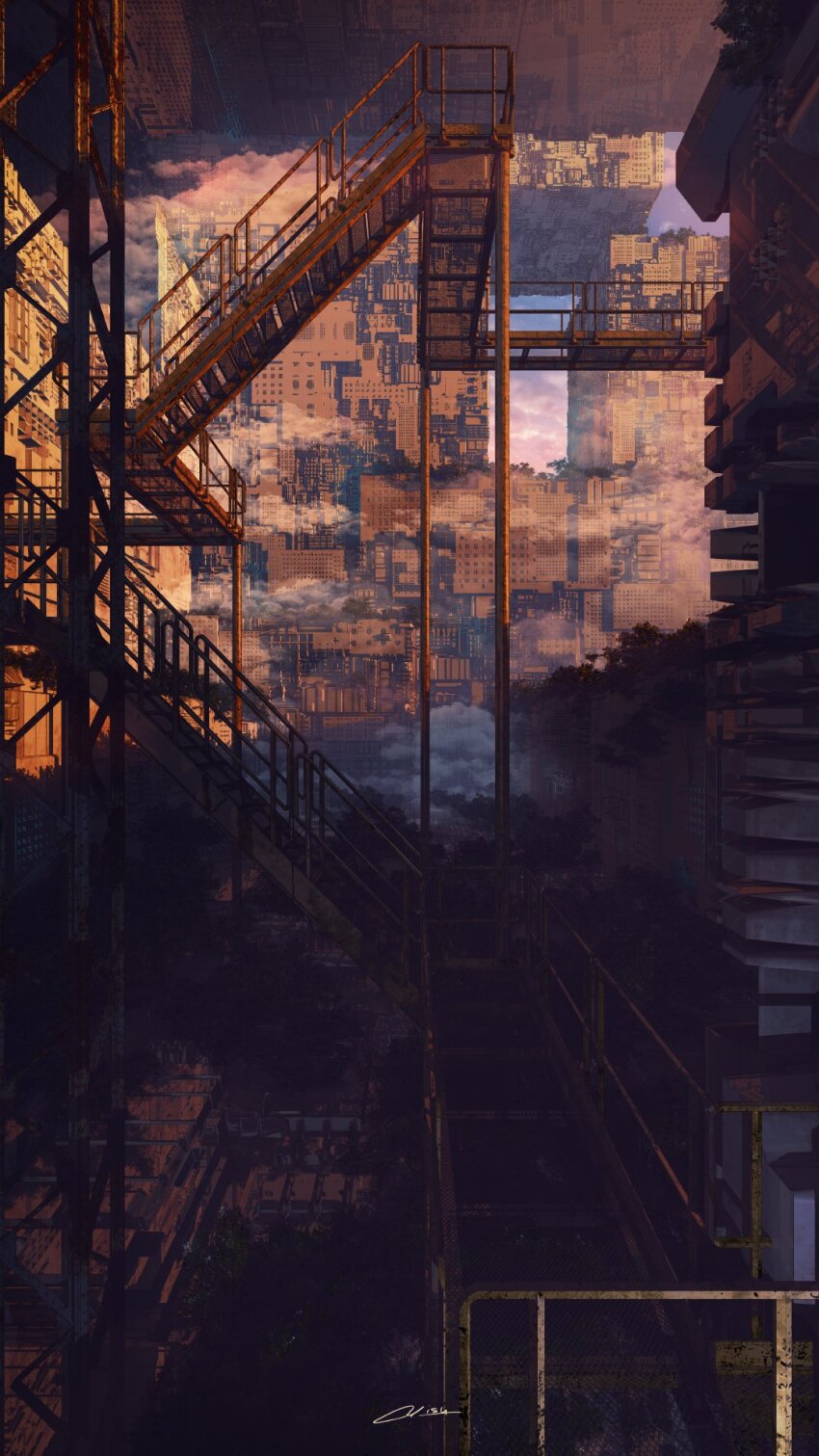 architecture branch building city cityscape cloud commentary_request dusk highres no_humans original outdoors overgrown railing scaffolding scenery shadow signature sky stairs surreal tree waisshu_(sougyokyuu)