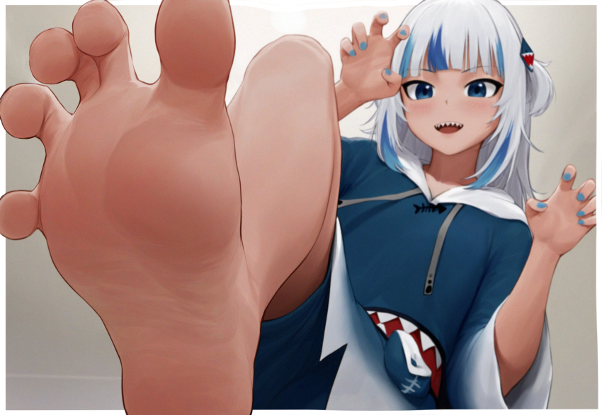 1girl bare_legs barefoot blue_eyes blue_hoodie blue_nails blue_shorts blunt_bangs blurry blush border claw_pose commission depth_of_field feet foot_focus foreshortening gawr_gura gawr_gura_(1st_costume) grey_background grey_hair hair_ornament highres hololive hololive_english hood hood_down hoodie knee_up long_hair looking_at_viewer multicolored_hair paw_pose presenting_foot shark_hair_ornament shark_print sharp_teeth shorts soles solo spread_toes stepping streaked_hair teeth timruya toes two_side_up virtual_youtuber white_border wide_sleeves