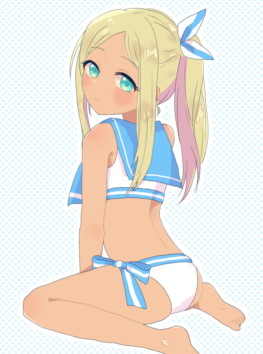 1girl absurdres akr_mas aqua_eyes barefoot bikini blonde_hair blue_sailor_collar blush closed_mouth dark-skinned_female dark_skin dot_nose eyelashes foot_out_of_frame from_behind hair_ribbon highres idolmaster idolmaster_cinderella_girls idolmaster_cinderella_girls_starlight_stage layla_(idolmaster) lone_nape_hair long_hair looking_at_viewer looking_back median_furrow parted_bangs polka_dot polka_dot_background ponytail ribbon sailor_collar sailor_swimsuit_(idolmaster) side-tie_bikini_bottom sidelocks sitting solo swimsuit two-tone_ribbon wariza white_bikini