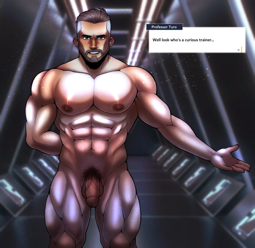 1boy abs bara beard brown_eyes character_name completely_nude creatures_(company) dialogue_box facial_hair flaccid game_freak highres large_pectorals looking_at_viewer male_focus male_pubic_hair milkentiddies muscular muscular_male navel nintendo nipples nude pectorals penis pokemon pokemon_sv pubic_hair short_hair solo thick_thighs thighs turo_(pokemon) uncensored undercut