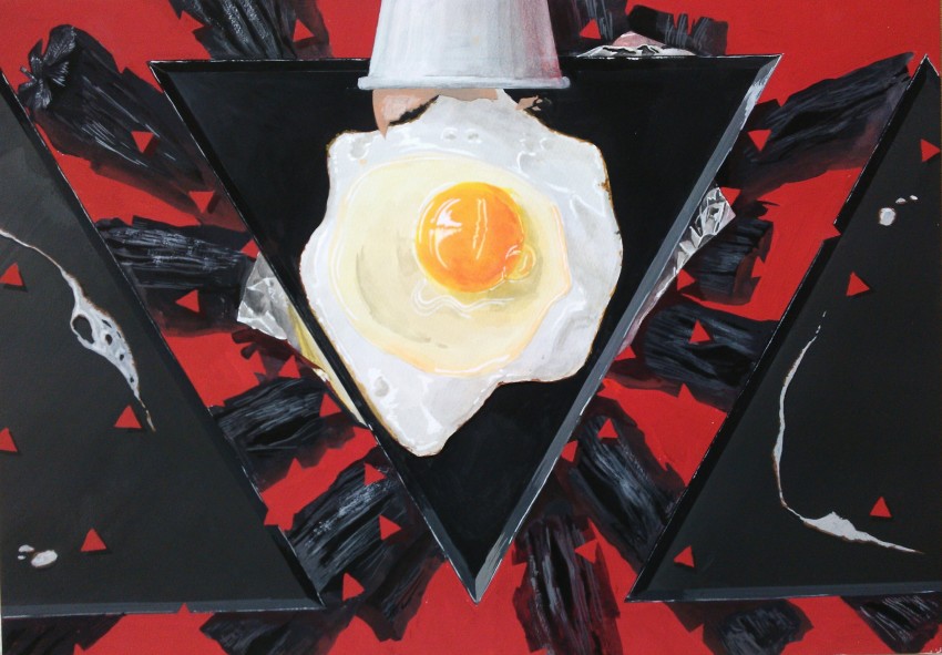 broken_egg bubble charcoal egg egg_(food) eggshell foil food fried_egg highres no_humans original osumared red_background simple_background still_life triangle