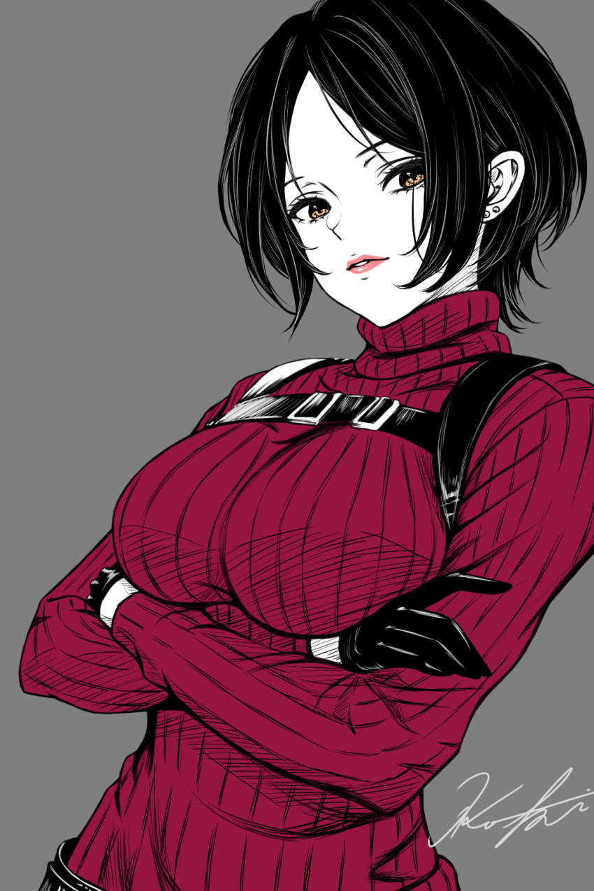 1girl ada_wong ada_wong_(cosplay) arms_under_breasts belt_buckle black_gloves black_hair breasts buckle chest_harness commentary_request cosplay crossed_arms dress earrings gloves grey_background hair_behind_ear harness hayami_kanade highres idolmaster idolmaster_cinderella_girls jewelry koya_(koya_x_00) large_breasts lips long_sleeves looking_at_viewer parted_lips pink_lips red_sweater resident_evil resident_evil_4 resident_evil_4_(remake) ribbed_sweater short_hair signature solo stud_earrings sweater sweater_dress turtleneck turtleneck_sweater upper_body yellow_eyes