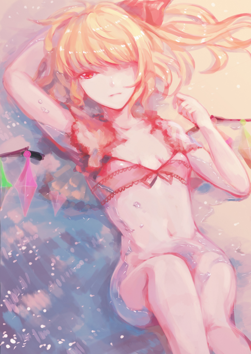 1girl absurdres beach bikini bikini_top_only blonde_hair bottomless expressionless female_focus flandre_scarlet hair_over_one_eye hair_ribbon highres long_hair lying no_headwear on_back red_bikini red_eyes ribbon shokujin_hatefukuchuu side_ponytail solo swimsuit touhou water wings