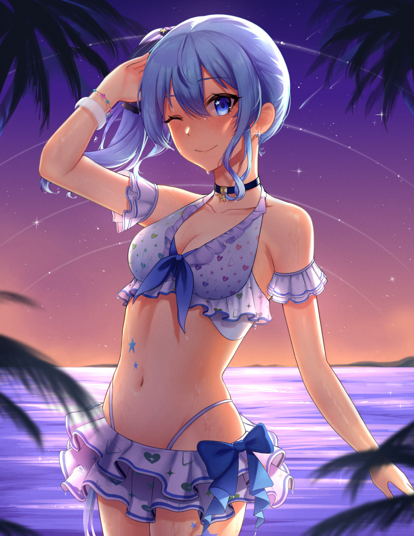 1girl ;) absurdres arm_strap arm_up bikini black_choker blue_bow blue_eyes blue_hair bow bracelet breasts choker cleavage closed_mouth collarbone cowboy_shot dusk floating_hair hair_between_eyes hair_ornament heart_bikini highleg highleg_bikini highres hololive hoshimachi_suisei jewelry layered_bikini long_hair medium_breasts navel ocean one_eye_closed outdoors phoebe_(pixiv_55159801) shiny_skin side_ponytail small_breasts smile solo standing swimsuit virtual_youtuber white_bikini