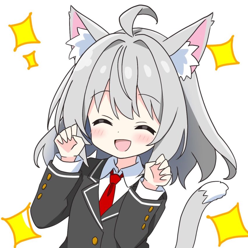 1girl :d ^_^ ahoge animal_ear_fluff animal_ears black_jacket blush cat_ears cat_girl cat_tail closed_eyes collared_shirt commentary_request dot_nose facing_viewer grey_hair hands_up highres jacket kotatsu-mazoku long_sleeves necktie open_mouth original red_necktie shirt short_hair simple_background smile solo sparkle tail upper_body white_background white_shirt