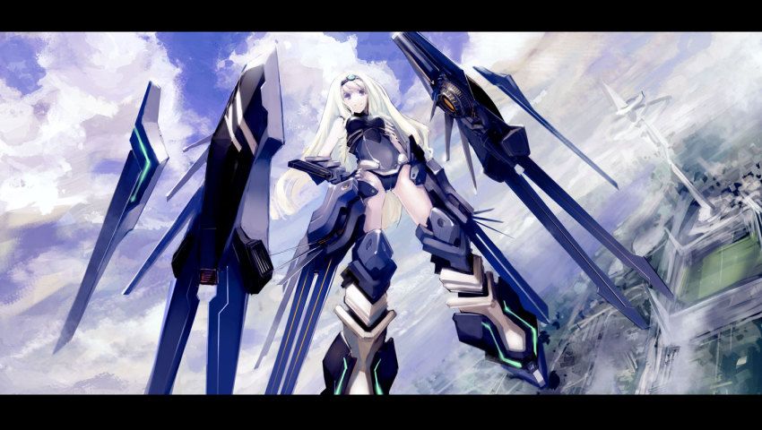 10s 1girl bad_id bad_pixiv_id blue_tears blueman bodysuit cecilia_alcott female_focus flying from_above infinite_stratos leotard letterboxed long_hair mecha mecha_musume pilot_suit robot solo