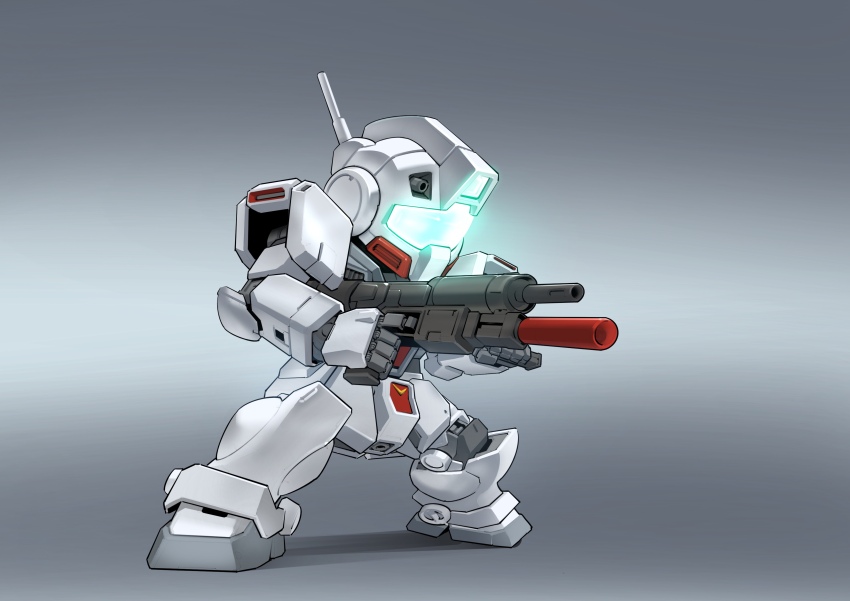 absurdres aiming assault_visor chibi chinese_commentary finger_on_trigger gm_cold_districts_type gradient_background gun gundam gundam_0080 highres holding holding_gun holding_weapon legs_apart making-of_available mecha mecha_focus mobile_suit no_humans radio_antenna robot science_fiction sd_gundam solo standing weapon zakuma