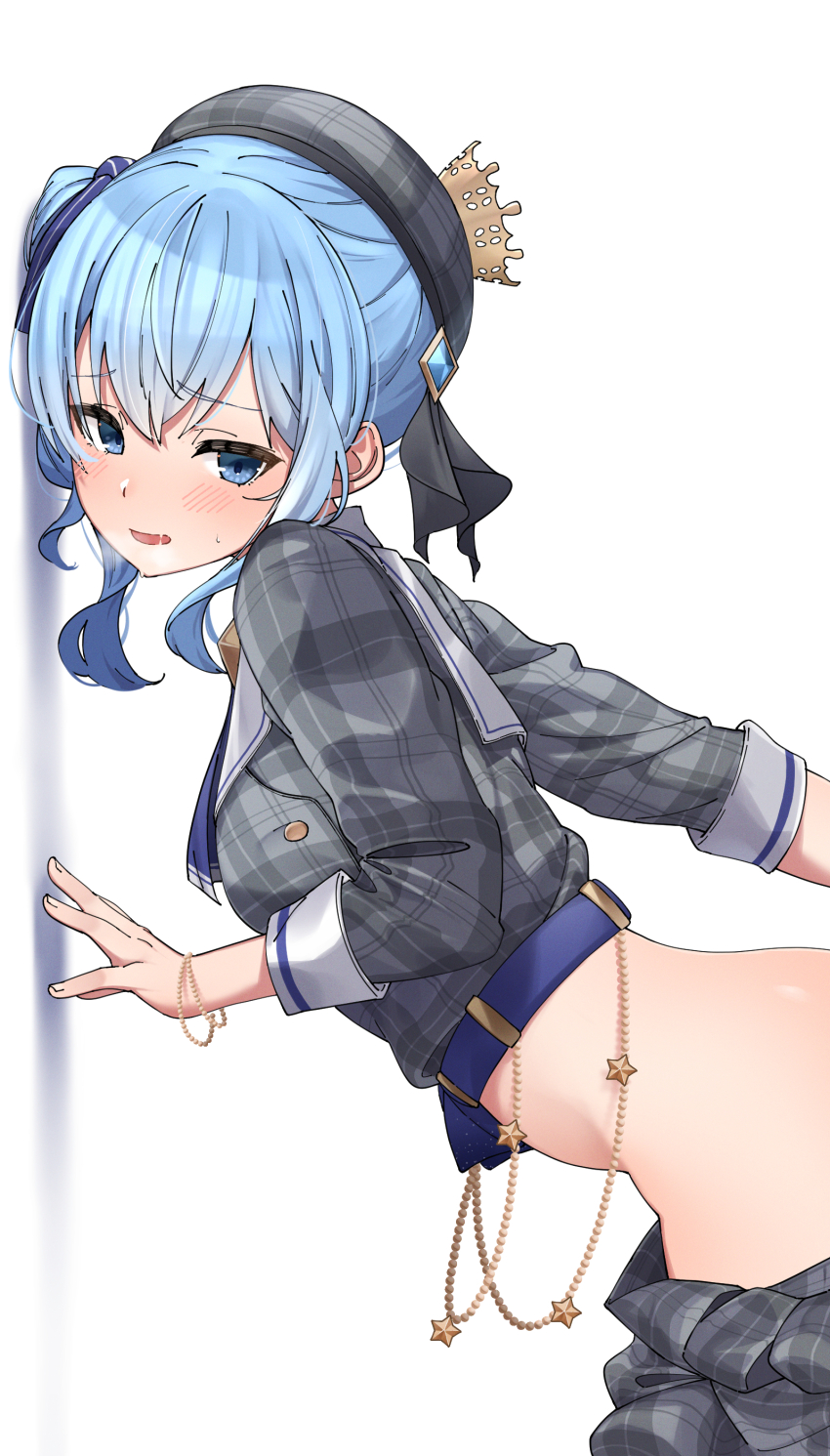 1girl absurdres against_wall blue_eyes blue_hair blush clothes_pull commentary crown_hat_ornament eru_(l_illust45) grey_shirt grey_skirt highres hololive hoshimachi_suisei hoshimachi_suisei_(1st_costume) looking_at_viewer open_mouth plaid_clothes plaid_shirt saliva saliva_trail sexually_suggestive shirt side_ponytail simple_background skirt skirt_pull solo_focus symbol-only_commentary virtual_youtuber white_background