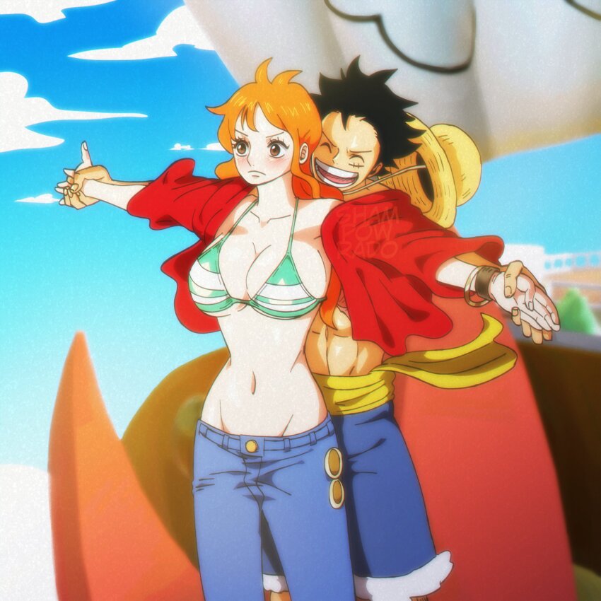 1boy 1girl bikini bikini_top_only black_hair blue_sky blush breasts cleavage couple curvy denim hat highres jeans large_breasts long_hair monkey_d._luffy muscular muscular_male nami_(one_piece) navel one_piece open_clothes open_shirt orange_hair outstretched_arms pants parody scar shampowrado short_hair shorts sky straw_hat swimsuit thousand_sunny titanic_(movie)