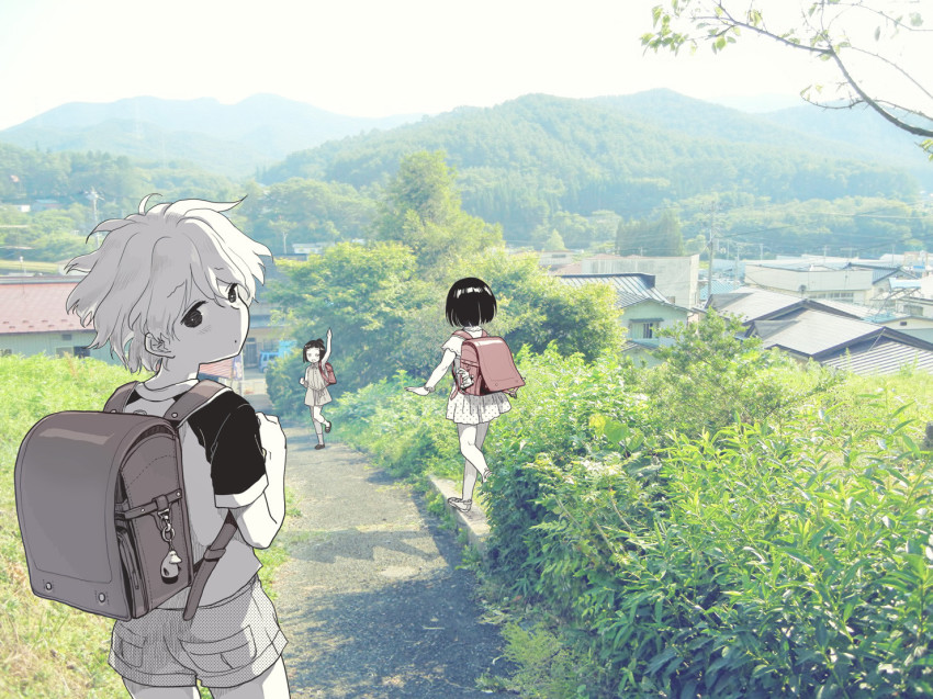 3girls aged_down backpack bag blunt_bangs bob_cut child dress from_behind hana-kagume kakura_kurumi kosegawa_shiromi landscape looking_back mary_janes mountain multiple_girls nature photo_background raglan_sleeves randoseru saki_(manga) scenery shoes short_hair short_shorts short_sleeves shorts skirt tree usuzawa_sae