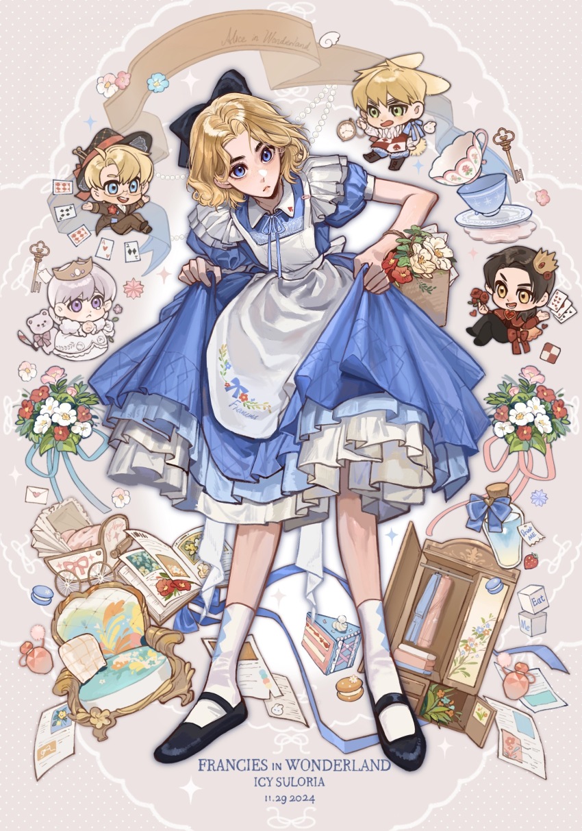 5boys absurdres aged_down alice_(alice_in_wonderland) alice_(alice_in_wonderland)_(cosplay) alice_in_wonderland america_(hetalia) apron axis_powers_hetalia black_hair blonde_hair blue_dress book bottle bouquet bow chair chibi chibi_inset china_(hetalia) collared_dress cosplay crossdressing crown cup dated dress english_text flower food france_(hetalia) freckles full_body green_eyes grey_hair hair_bow hat highres icy_suluoluo mad_hatter_(alice_in_wonderland) mad_hatter_(alice_in_wonderland)_(cosplay) male_focus medium_hair multiple_boys parody perfume_bottle pocket_watch puffy_short_sleeves puffy_sleeves purple_eyes queen_of_hearts_(alice_in_wonderland) queen_of_hearts_(alice_in_wonderland)_(cosplay) rabbit_boy russia_(hetalia) shoes short_hair short_sleeves skirt_hold socks standing teacup thick_eyebrows united_kingdom_(hetalia) wardrobe watch white_apron white_rabbit_(alice_in_wonderland) white_rabbit_(alice_in_wonderland)_(cosplay) white_socks yellow_eyes