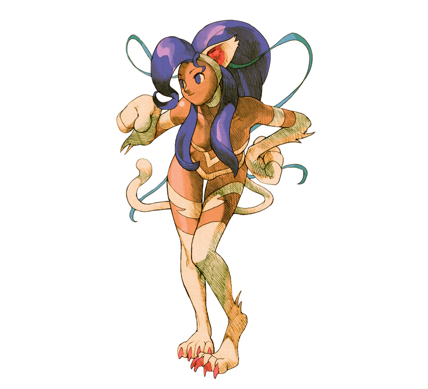 animal_ears animal_hands bent_over body_fur cat_ears cat_girl cat_tail dark-skinned_female dark_skin felicia_(darkstalkers) full_body hand_on_own_hip long_hair marvel_vs._capcom marvel_vs._capcom_2 nude official_art simple_background tail transparent_background darkstalkers white_fur white_tail