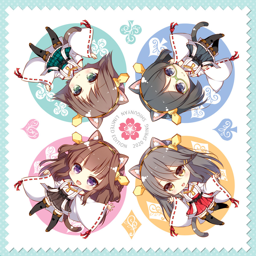 2020 4girls :d ahoge animal_ear_fluff animal_ears artist_name black_hair black_skirt blue_eyes boots brown_eyes brown_hair brown_skirt cat_ears cat_tail chibi club_(shape) detached_sleeves diamond_(shape) double_bun flipped_hair frilled_skirt frills full_body glasses green-framed_eyewear green_skirt grey_hair hair_bun hair_ornament hairclip hakama hakama_short_skirt hakama_skirt haruna_(kancolle) headgear heart hiei_(kancolle) highres japanese_clothes kantai_collection kirishima_(kancolle) kongou_(kancolle) long_hair looking_at_viewer multiple_girls nontraditional_miko open_mouth outstretched_arm plaid purple_eyes red_skirt ribbon-trimmed_sleeves ribbon_trim shigunyan short_hair skirt smile spade_(shape) tail thigh_boots thighhighs