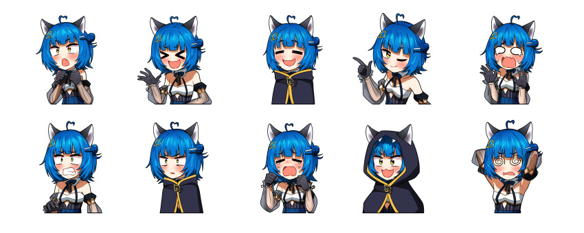 &gt;_&lt; 1girl :3 @_@ absurdres ahoge animal_ears arms_behind_head black_gloves blue_hair blush cloak crying dashed_eyes ddolbang expressions fang gloves hair_ornament hands_up heart heart_ahoge highres hood hooded_cloak idol_corp laughing multiple_views o_o one_eye_closed poko_rakun raccoon_ears raccoon_girl see-through_clothes see-through_sleeves short_hair skin_fang smile tears transparent_background virtual_youtuber yellow_eyes