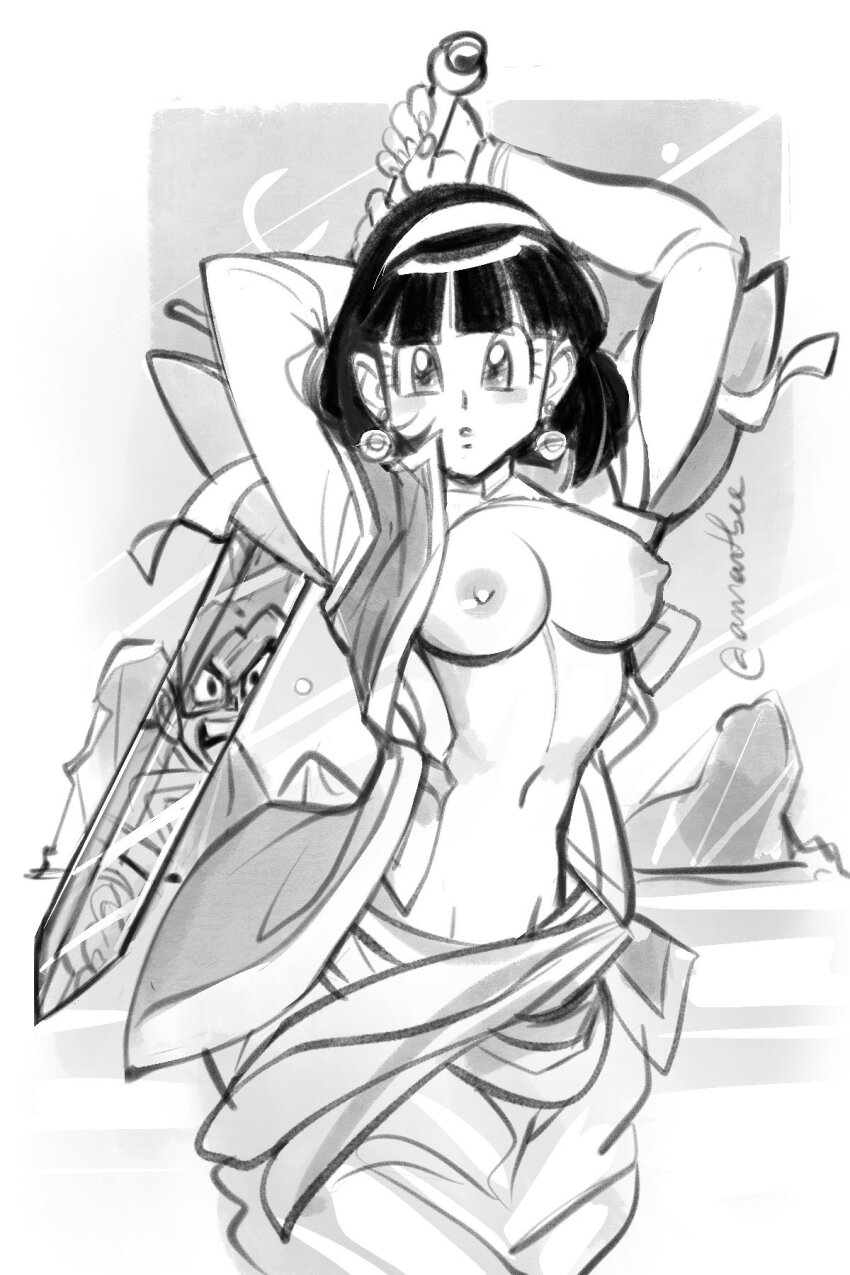 1boy 1girl alternate_universe amartbee breasts commentary dragon_ball dragon_ball_super dragonball_z earrings english_commentary greyscale hairband highres holding holding_sword holding_weapon jewelry medium_breasts medium_hair monochrome navel nipples no_bra open_clothes open_vest potara_earrings solo_focus son_gohan sword twitter_username vest videl weapon z_sword