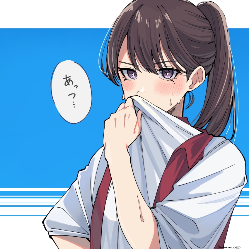 1girl bang_dream! bang_dream!_it&#039;s_mygo!!!!! blush brown_hair commentary_request hair_between_eyes highres hot long_hair looking_at_viewer mole mole_under_eye nanami_(nunnun_0410) ponytail purple_eyes red_vest shiina_taki shirt sleeves_past_elbows solo sweat translated upper_body vest white_shirt wiping_sweat